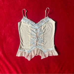Early 2000s Cream and Baby Blue Fairy Lace Trim Embroidered Camisole Tank Top